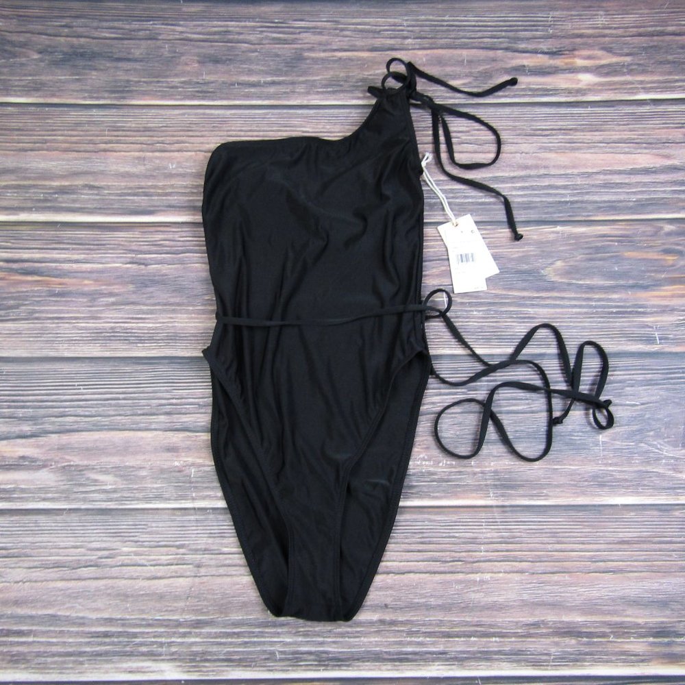 Good American NWT NEW Small Size 1 Black Shine One-Shoulder One-Piece Swimsuit - Picture 3 of 6